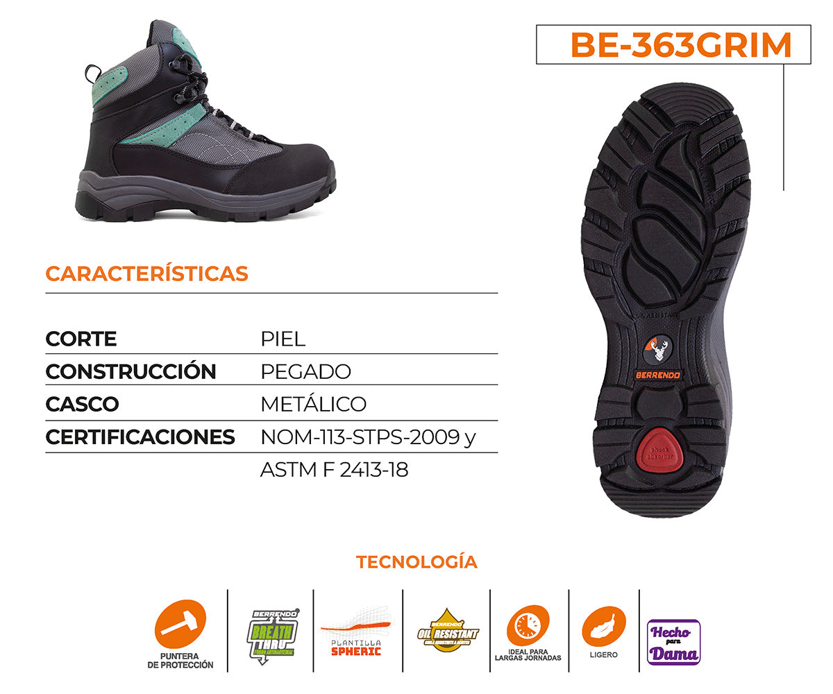 Bota De Seguridad Berrendo Tecnolight Para Dama BE-363GRIM Gris/Menta