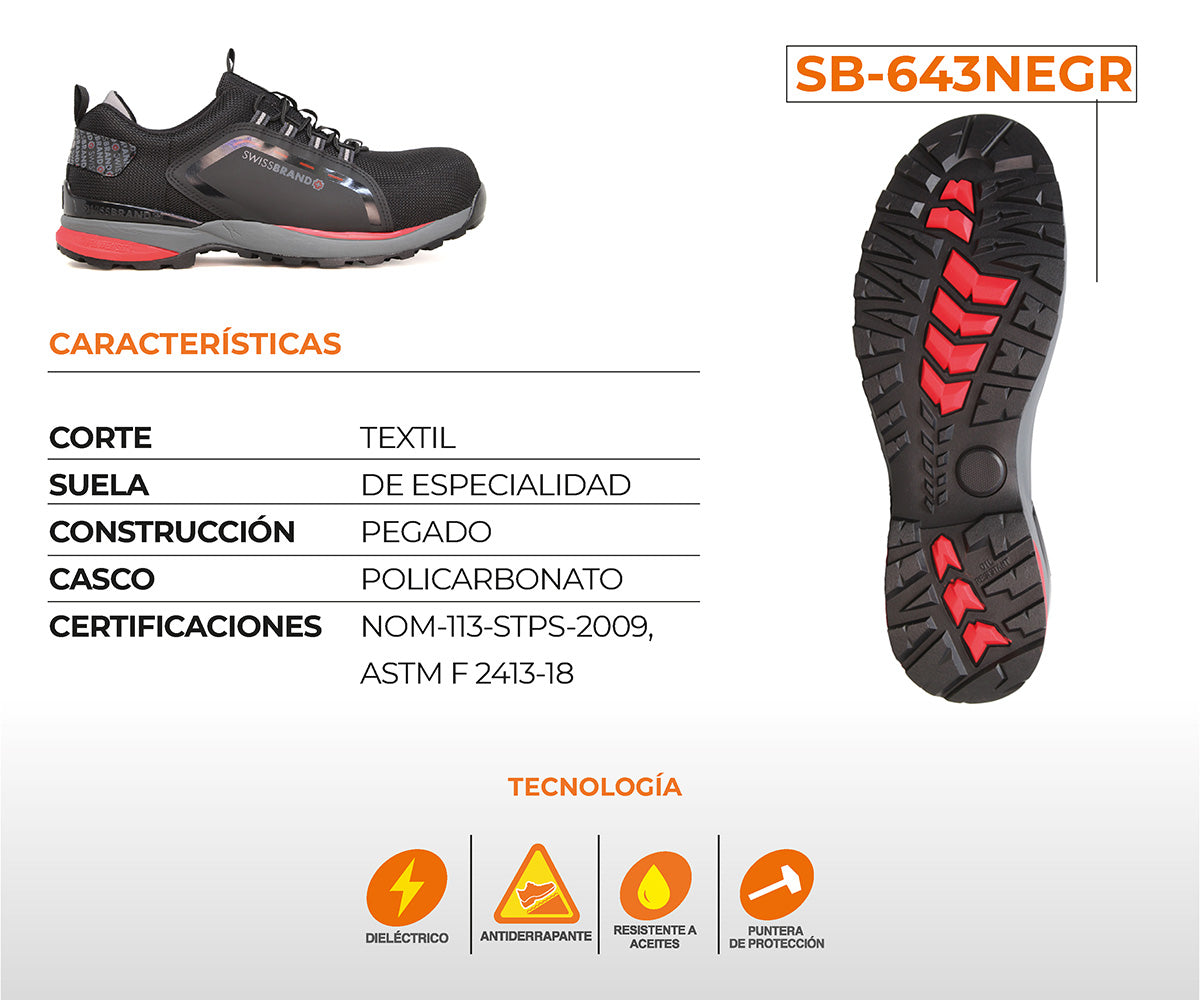 Tenis De Seguridad Swissbrand Vaud Para Caballero SB-643NEGR Negro